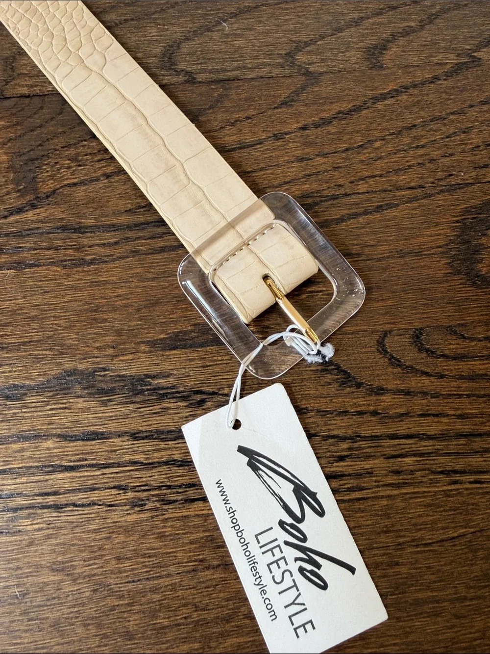 Beige Croc-Embossed Acrylic Buckle Belt